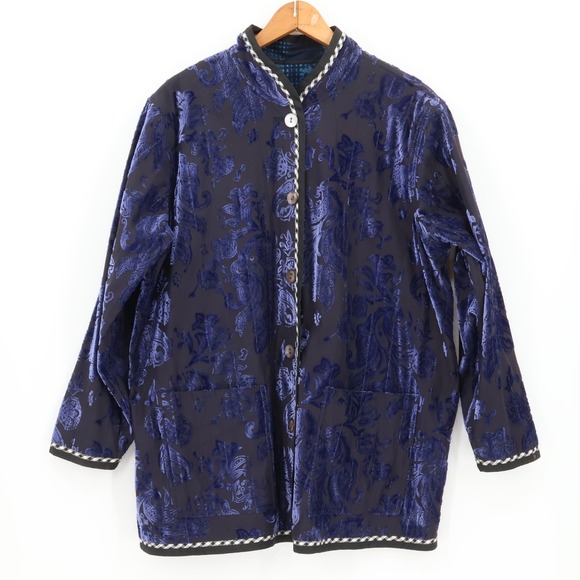 Vintage 90s Koos of Course! Silk Velvet Floral Jacket Reversible Plus Size 1X - Picture 1 of 16